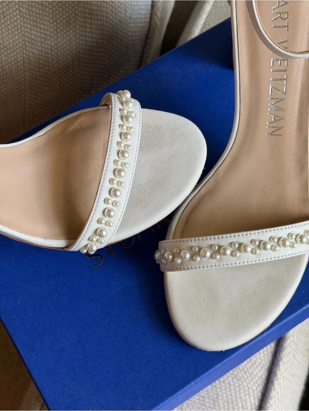 Stuart Weitzman White Pearl-Embellished Ankle Strap Heels
